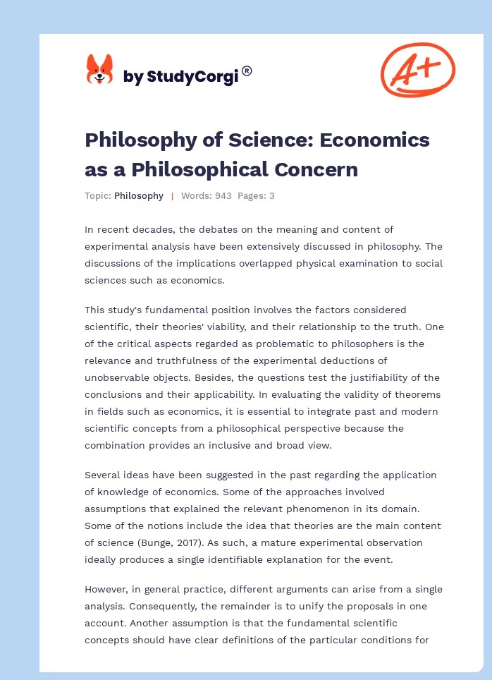 Philosophy of Science: Economics as a Philosophical Concern. Page 1