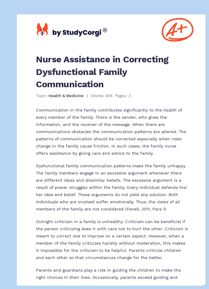 Nurse Assistance in Correcting Dysfunctional Family Communication. Page 1