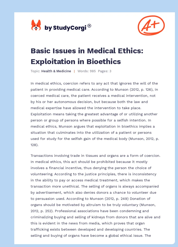 Basic Issues in Medical Ethics: Exploitation in Bioethics. Page 1