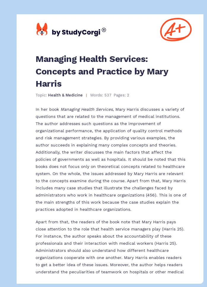 Managing Health Services: Concepts and Practice by Mary Harris. Page 1
