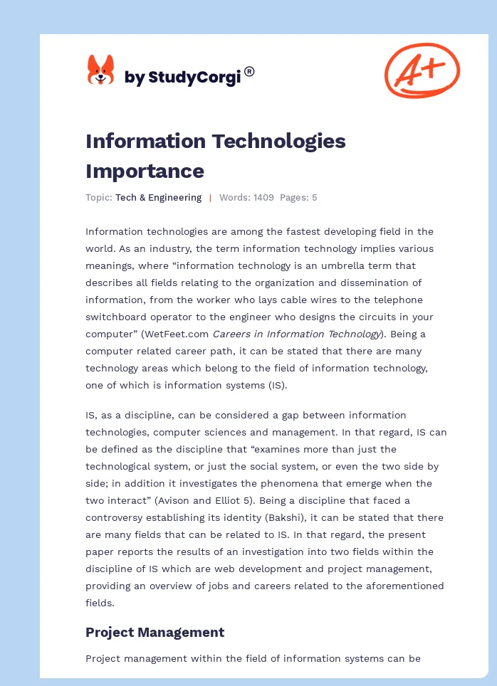 Information Technologies Importance. Page 1