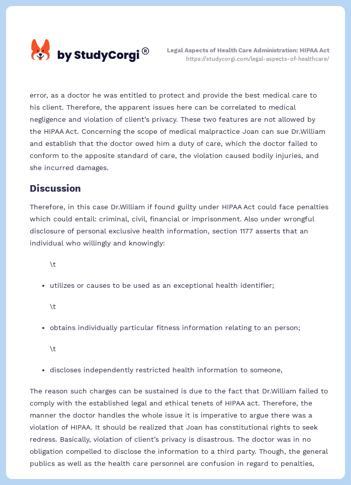Legal Aspects of Health Care Administration: HIPAA Act. Page 2