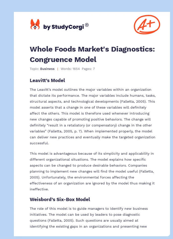 Whole Foods Market's Diagnostics: Congruence Model. Page 1