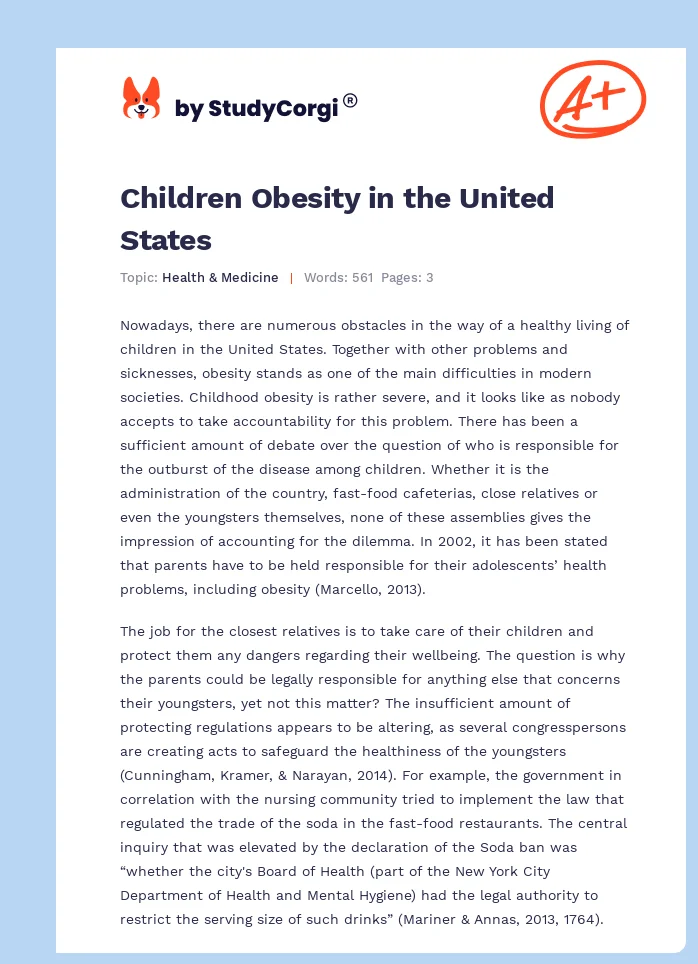 Children Obesity in the United States. Page 1