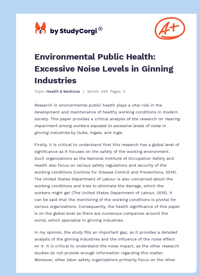 Environmental Public Health: Excessive Noise Levels in Ginning Industries. Page 1