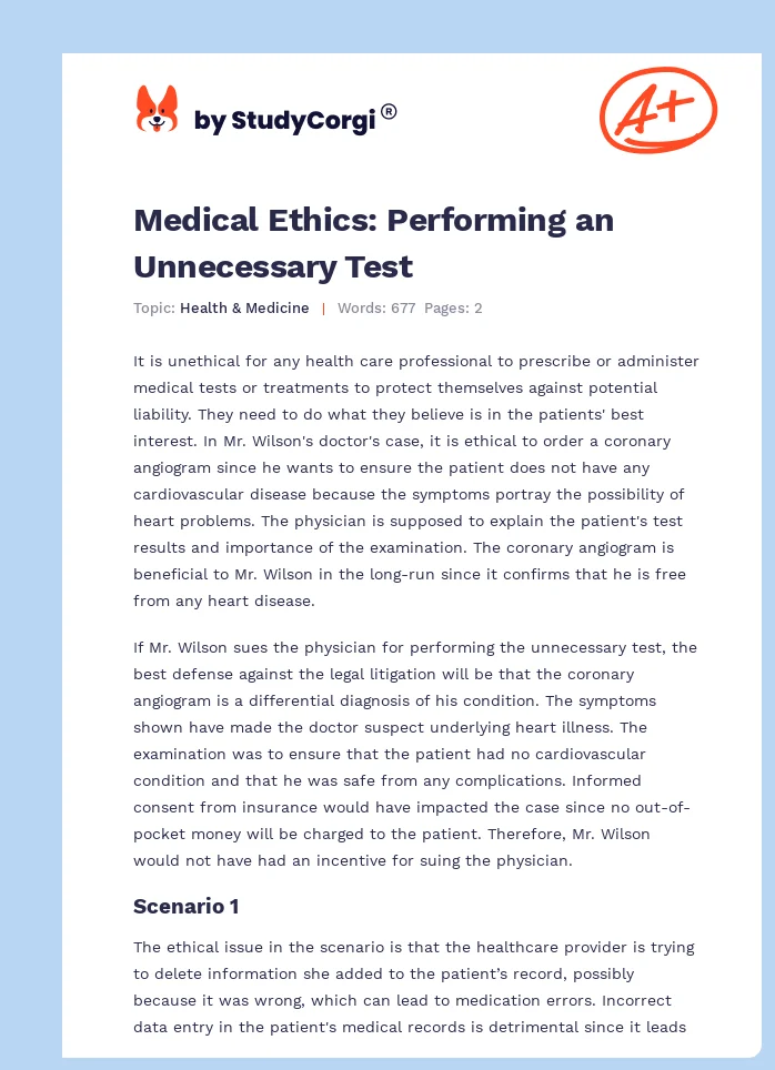 Medical Ethics: Performing an Unnecessary Test. Page 1