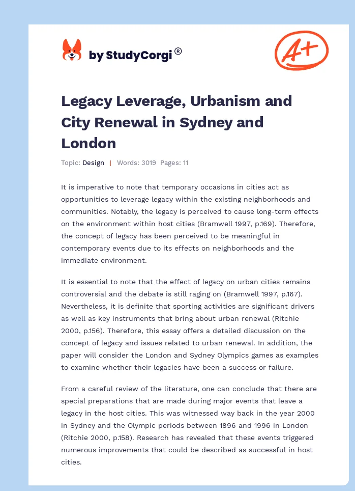 Legacy Leverage, Urbanism and City Renewal in Sydney and London. Page 1