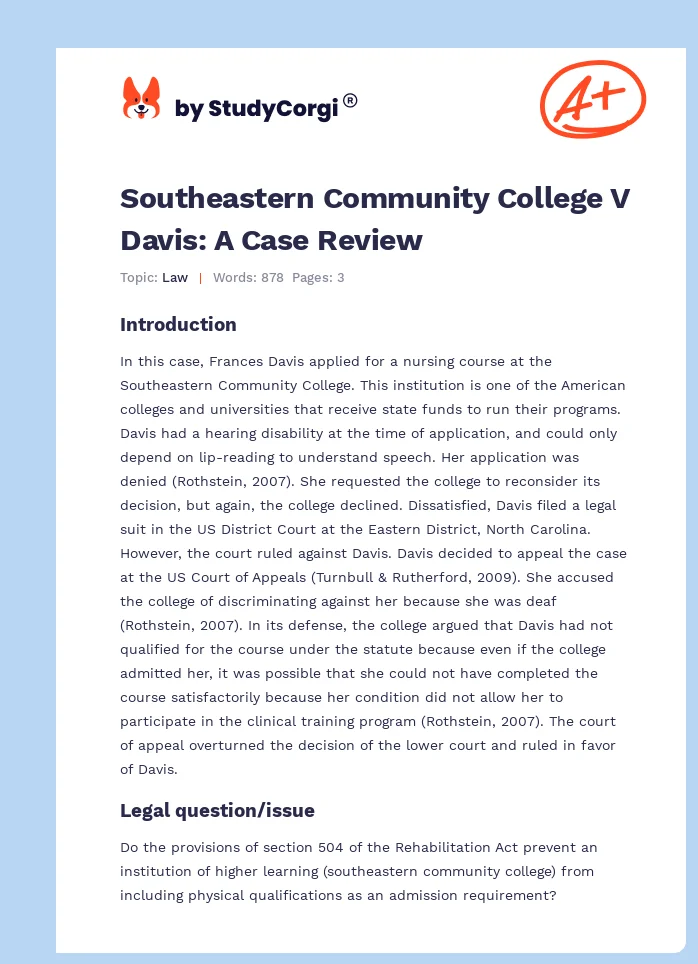 Southeastern Community College V Davis: A Case Review. Page 1