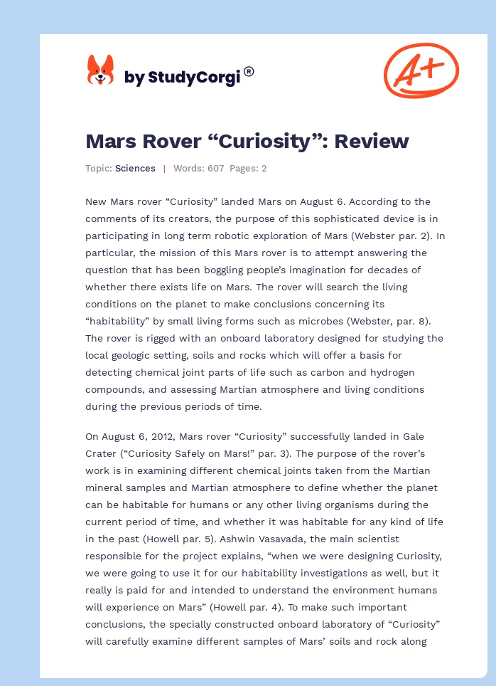 Mars Rover “Curiosity”: Review. Page 1