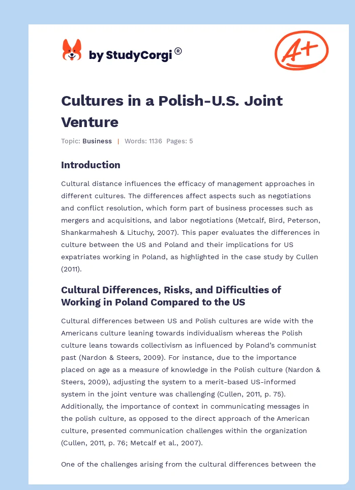 Cultures in a Polish-U.S. Joint Venture. Page 1