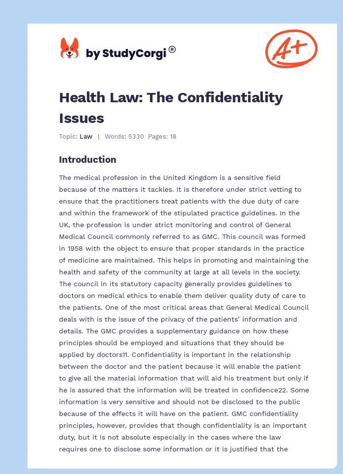 Health Law: The Confidentiality Issues. Page 1