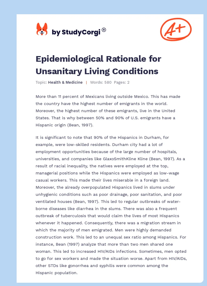 Epidemiological Rationale for Unsanitary Living Conditions. Page 1