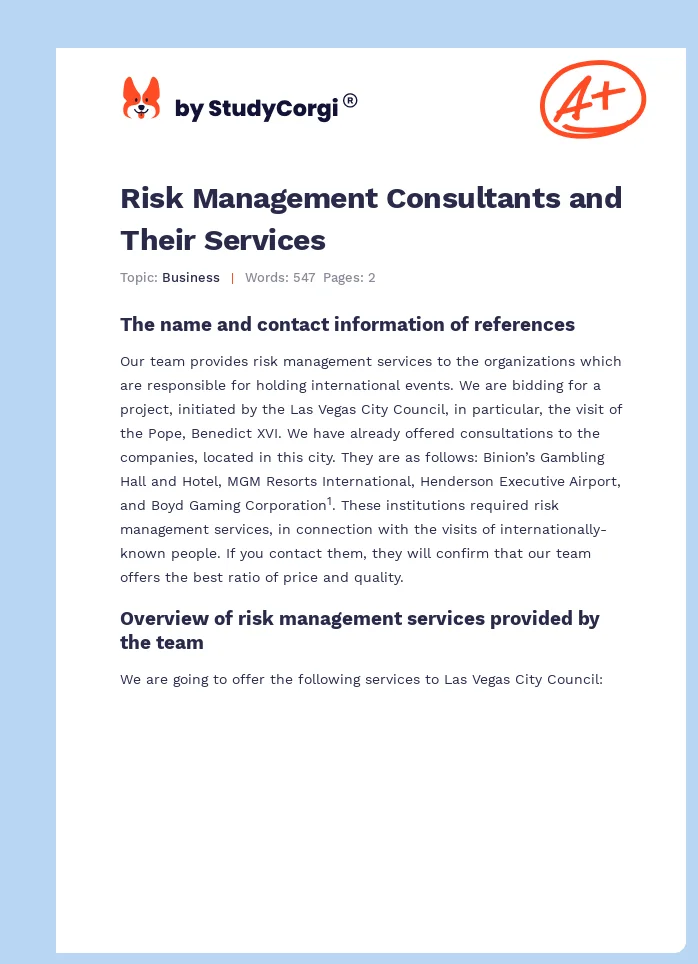 Risk Management Consultants and Their Services. Page 1