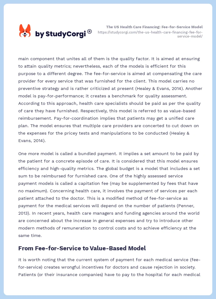 The US Health Care Financing: Fee-for-Service Model. Page 2