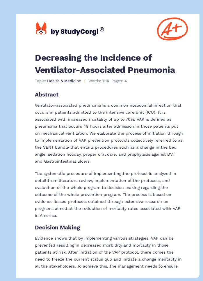 Decreasing the Incidence of Ventilator-Associated Pneumonia. Page 1