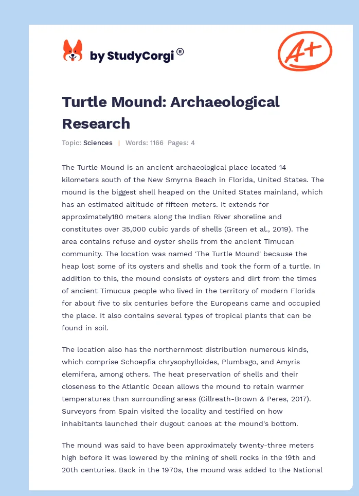 Turtle Mound: Archaeological Research. Page 1