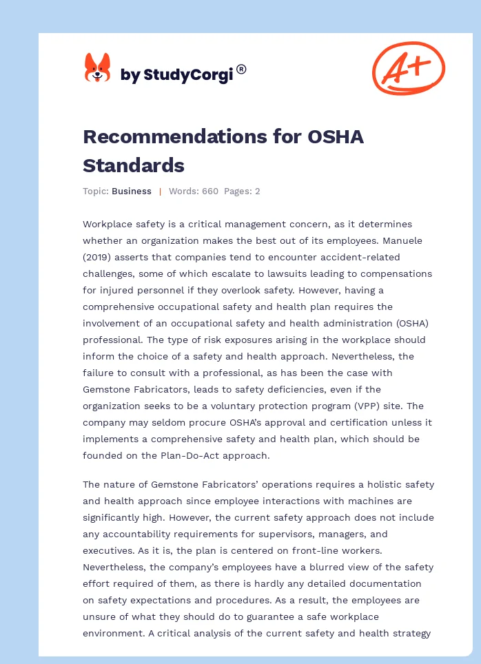 Recommendations for OSHA Standards. Page 1