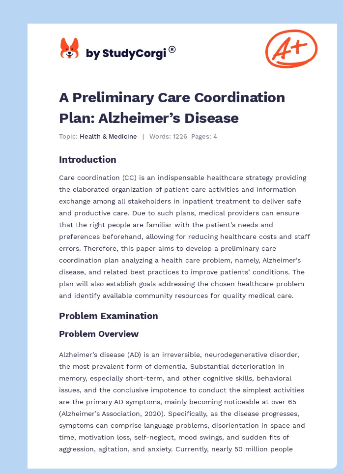 A Preliminary Care Coordination Plan: Alzheimer’s Disease. Page 1