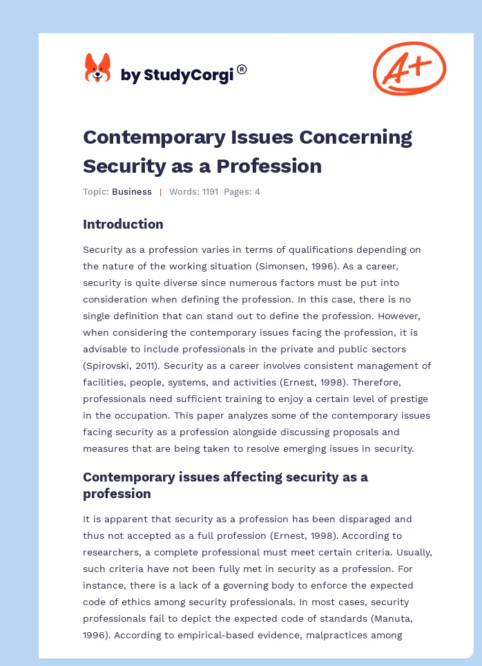 Contemporary Issues Concerning Security as a Profession. Page 1