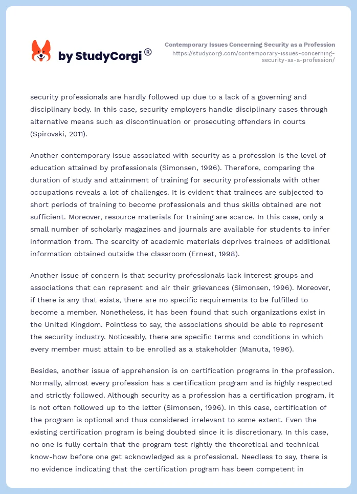 Contemporary Issues Concerning Security as a Profession. Page 2