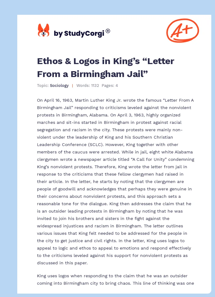 Ethos & Logos in King’s “Letter From a Birmingham Jail”. Page 1