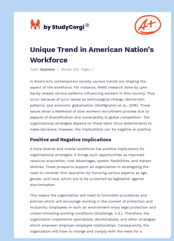 Unique Trend in American Nation’s Workforce. Page 1