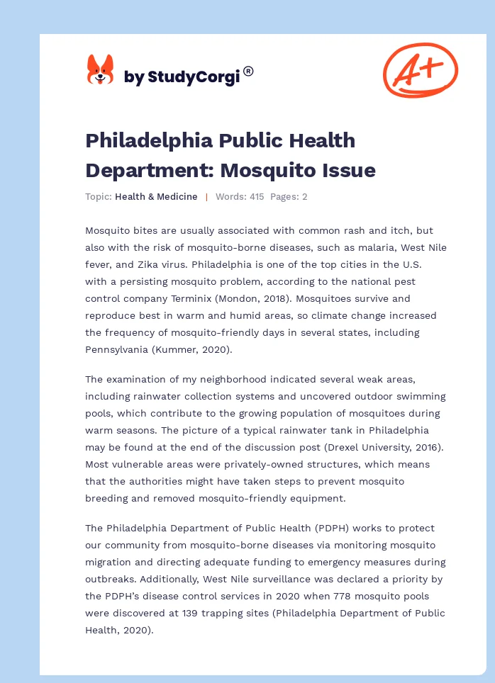 Philadelphia Public Health Department: Mosquito Issue. Page 1