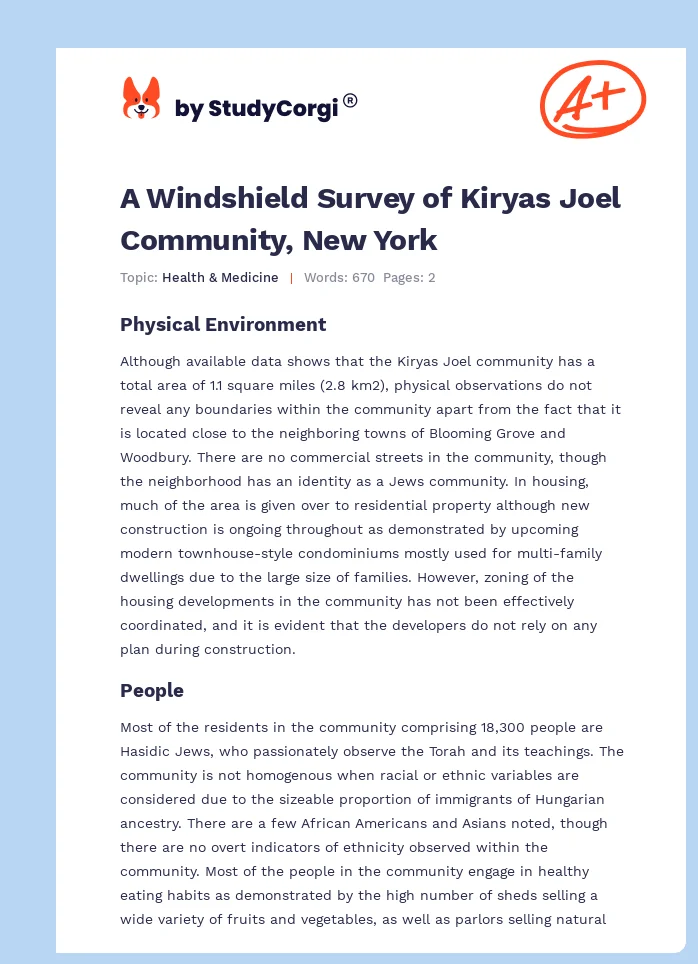 A Windshield Survey of Kiryas Joel Community, New York. Page 1