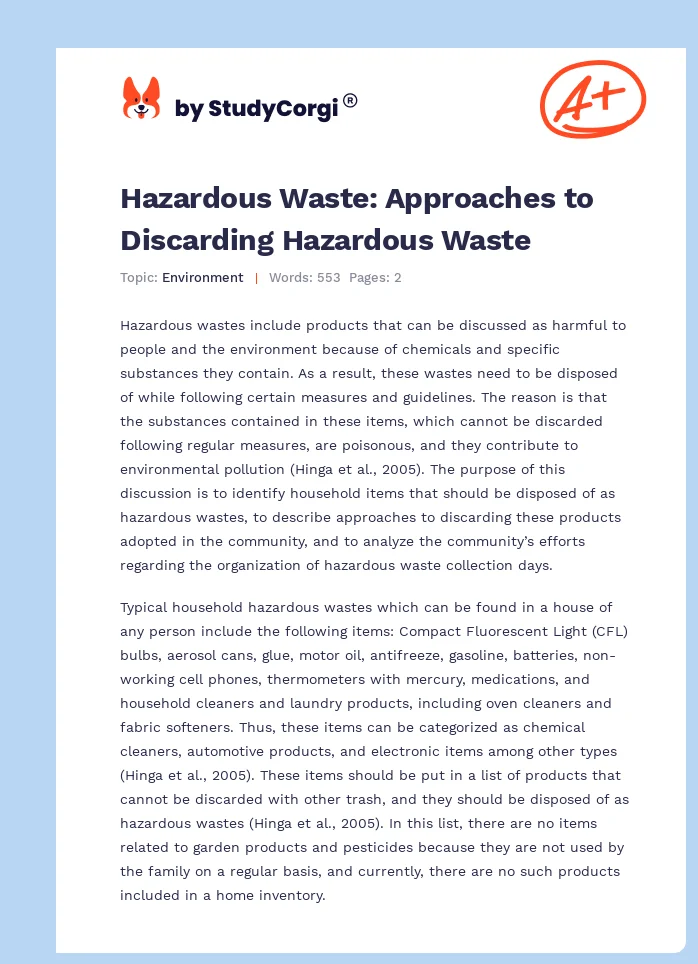 Hazardous Waste: Approaches to Discarding Hazardous Waste. Page 1