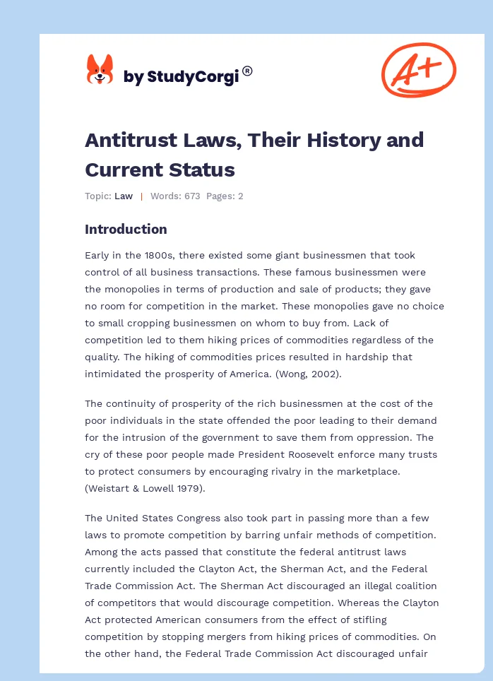 Antitrust Laws, Their History and Current Status. Page 1