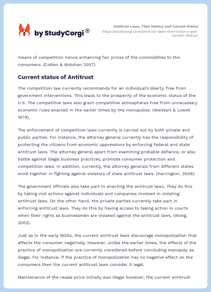 Antitrust Laws, Their History and Current Status. Page 2