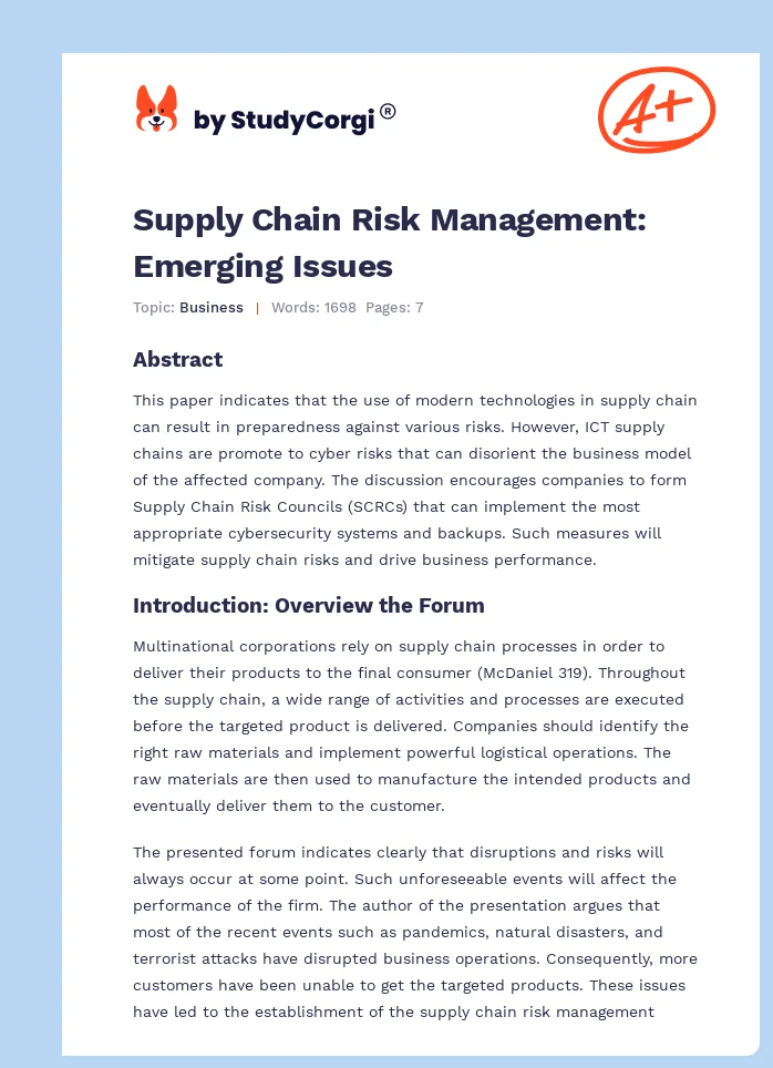 Supply Chain Risk Management: Emerging Issues. Page 1