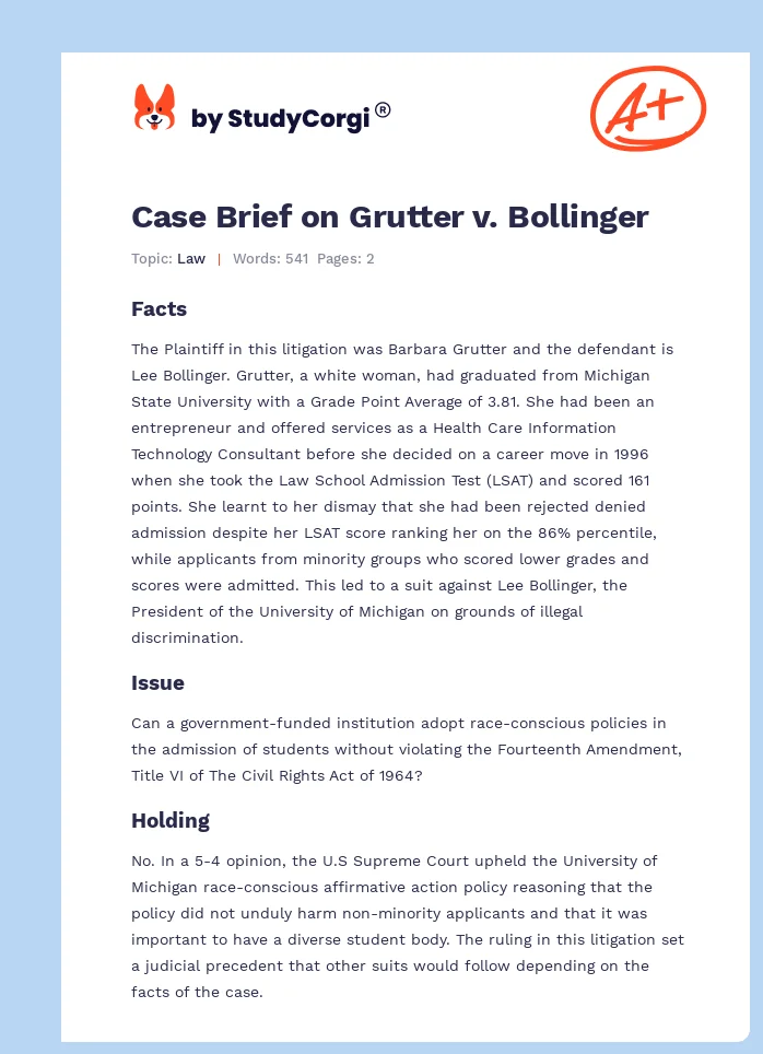 Case Brief on Grutter v. Bollinger. Page 1