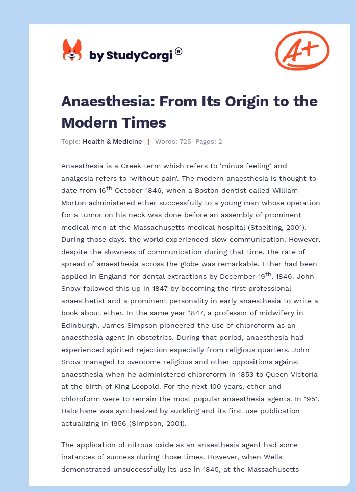 Anaesthesia: From Its Origin to the Modern Times. Page 1
