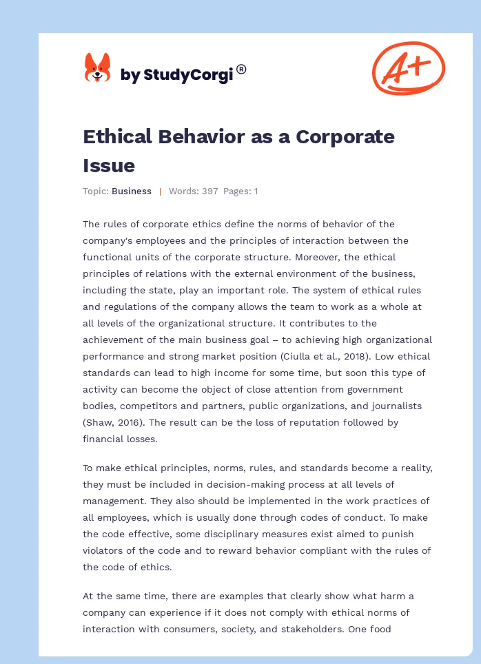 Ethical Behavior as a Corporate Issue. Page 1