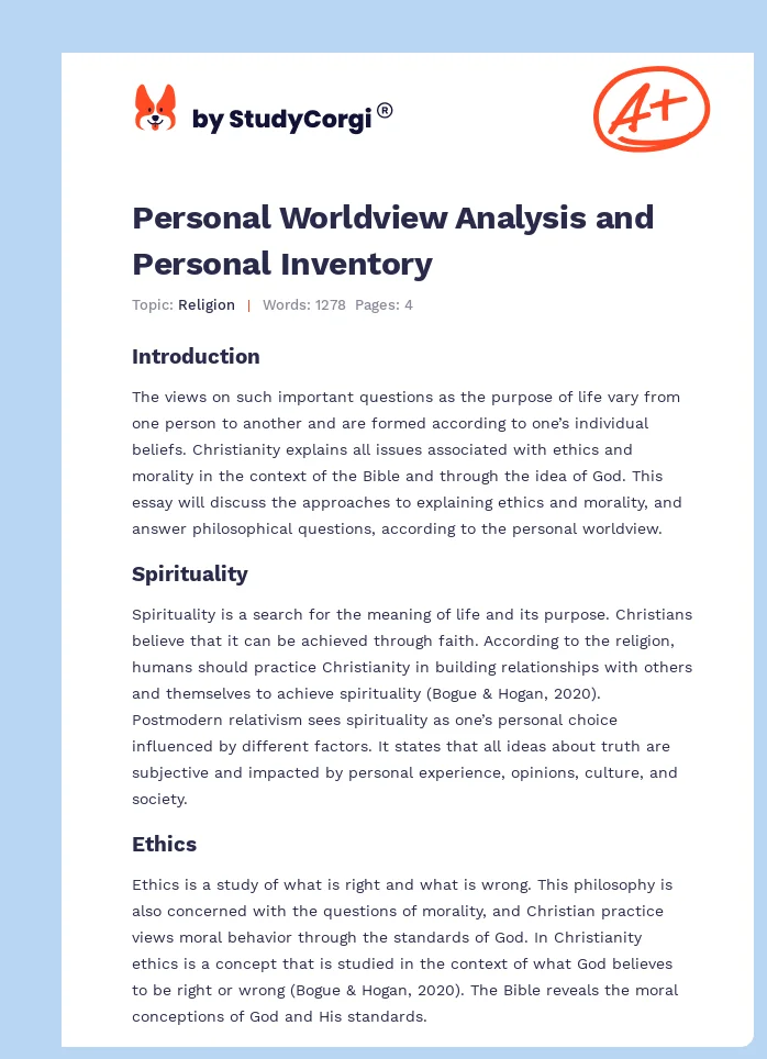 Personal Worldview Analysis and Personal Inventory. Page 1
