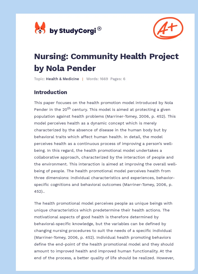 Nursing: Community Health Project by Nola Pender. Page 1