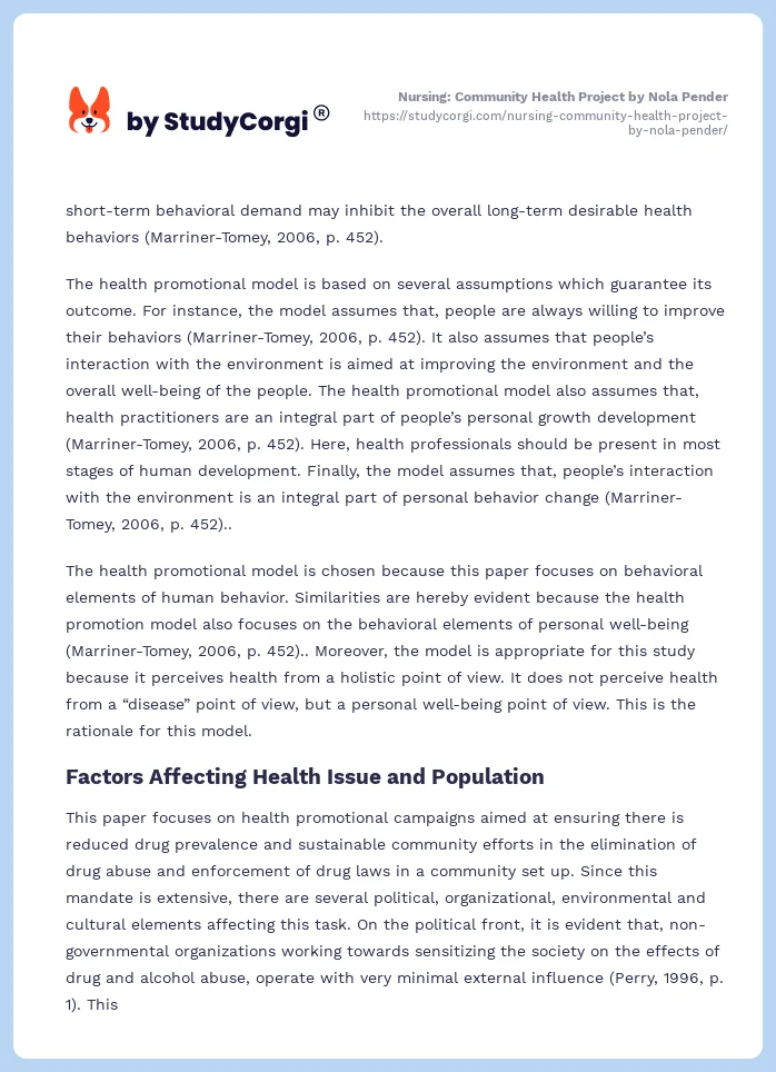 Nursing: Community Health Project by Nola Pender. Page 2