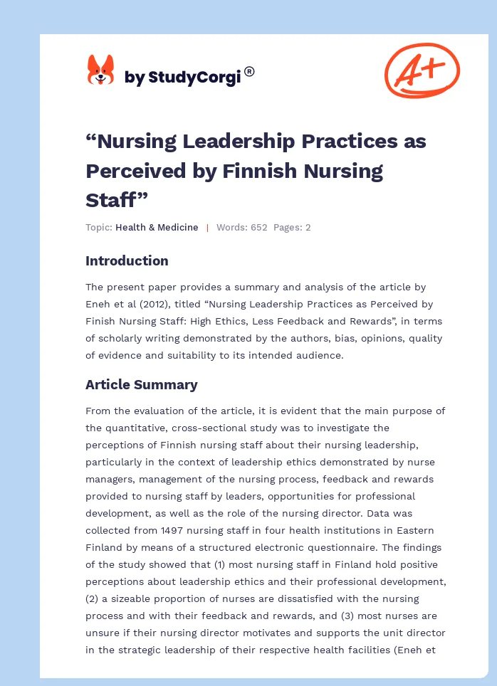 “Nursing Leadership Practices as Perceived by Finnish Nursing Staff”. Page 1