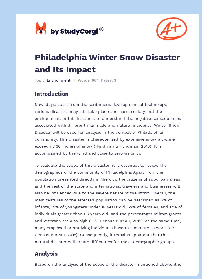 Philadelphia Winter Snow Disaster and Its Impact. Page 1