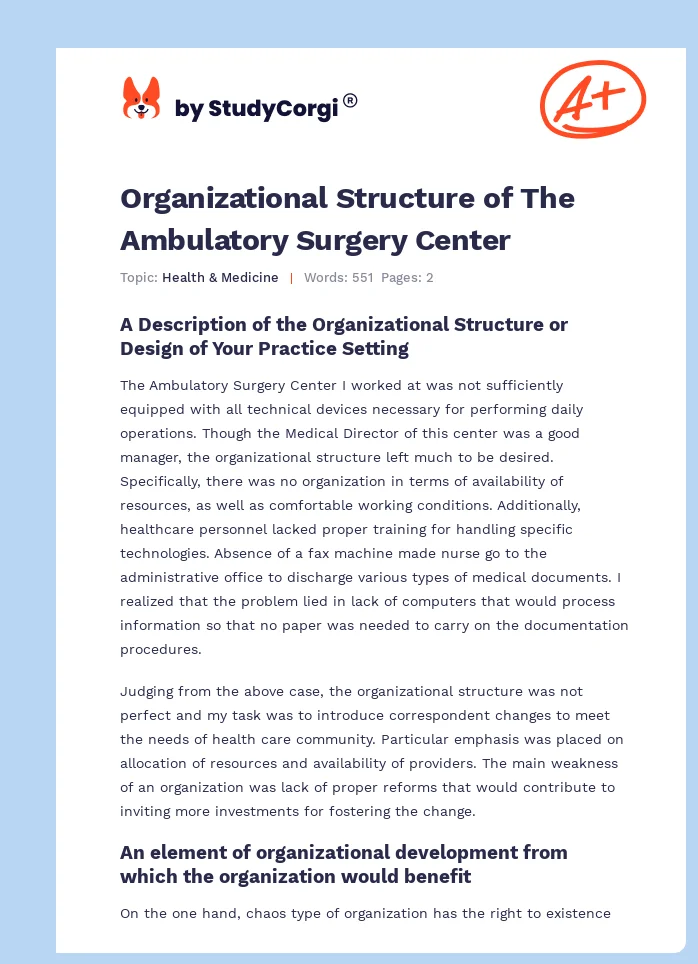 Organizational Structure of The Ambulatory Surgery Center. Page 1