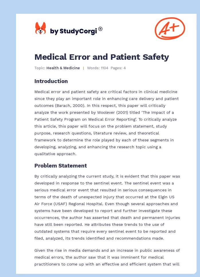 Medical Error and Patient Safety. Page 1