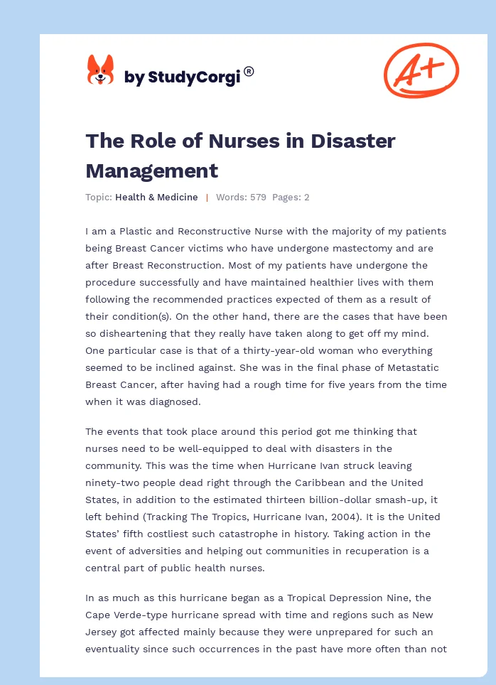 The Role of Nurses in Disaster Management. Page 1