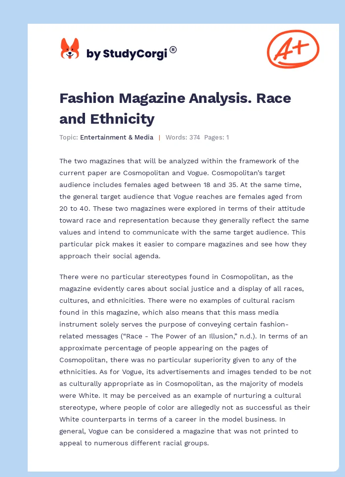 Fashion Magazine Analysis. Race and Ethnicity. Page 1