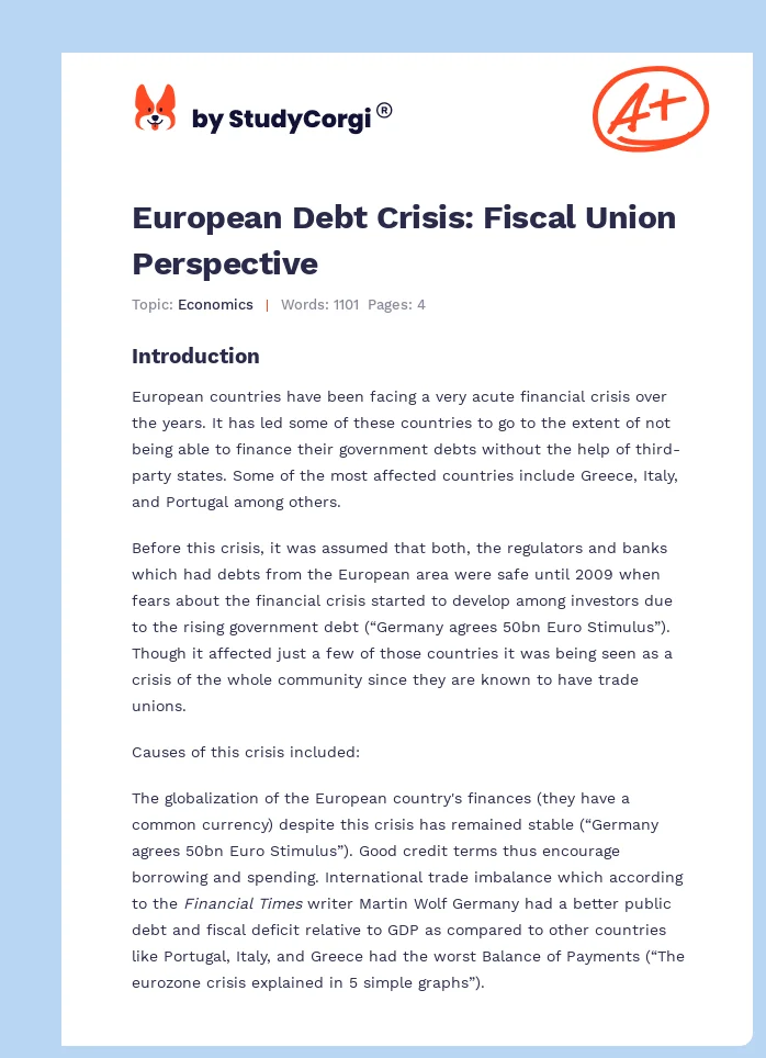 European Debt Crisis: Fiscal Union Perspective. Page 1