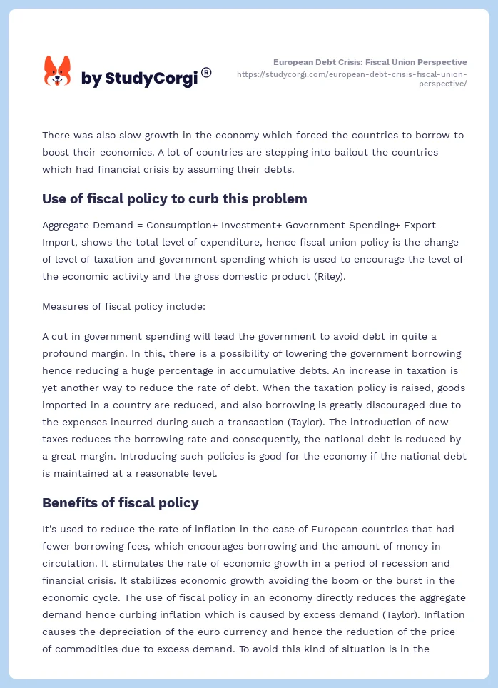 European Debt Crisis: Fiscal Union Perspective. Page 2