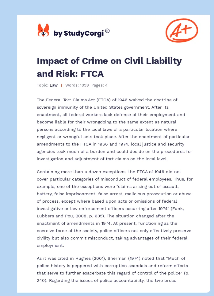 Impact of Crime on Civil Liability and Risk: FTCA. Page 1