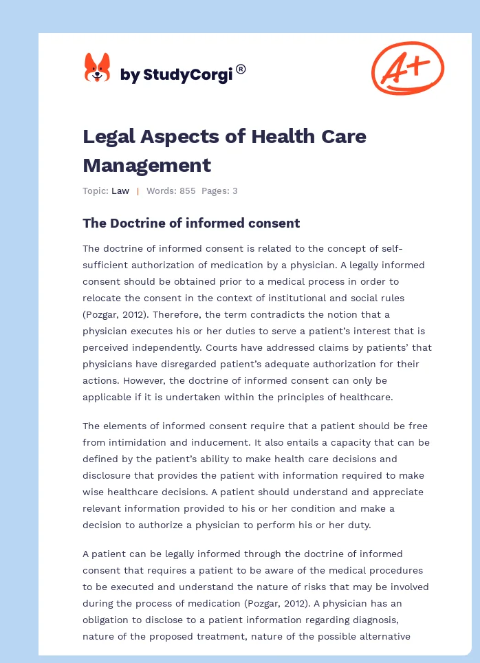 Legal Aspects of Health Care Management. Page 1