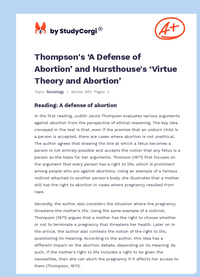 Thompson's ‘A Defense of Abortion’ and Hursthouse's ‘Virtue Theory and Abortion’. Page 1
