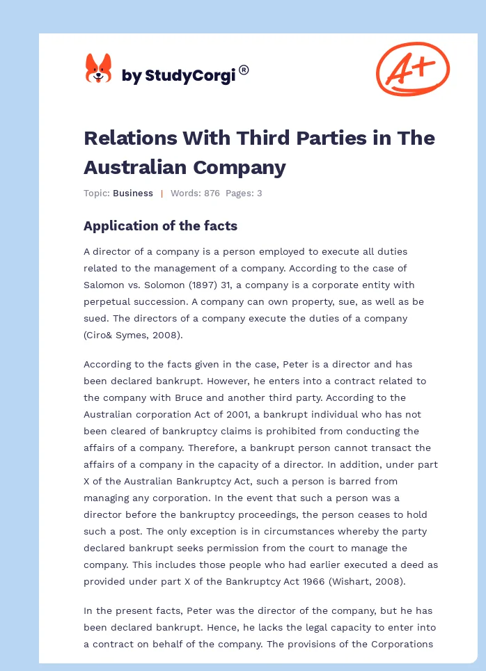 Relations With Third Parties in The Australian Company. Page 1